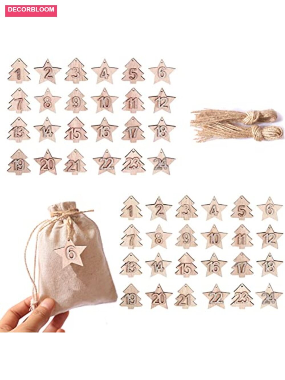 Wooden Advent Calendar Number Tags 48Pc Christmas Tree Hanging Ornaments DIY